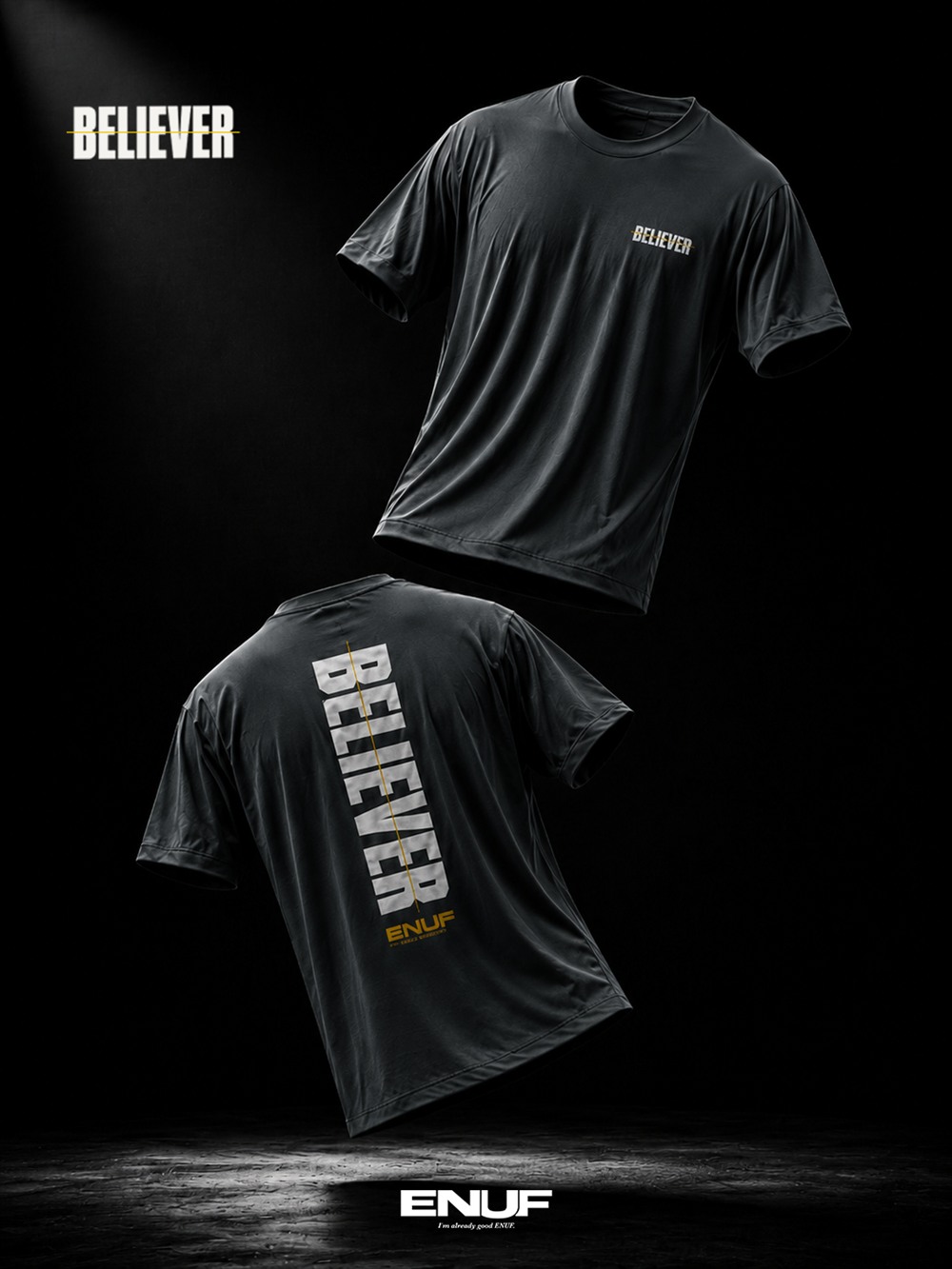BELIEVER 2026 공식 참가 티셔츠 — 앞판 좌흉 로고와 뒷판 세로 BELIEVER 프린트